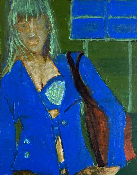 Hot Pink - A frontal long-haired figure in a bright blue coat stands against green and blue blocks, with a pale face and a…