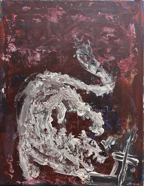 Bruiseboy - A white, rough animal- or boy-like form sprawls in thick paint over a dark maroon field, with a ghostly raised arm…