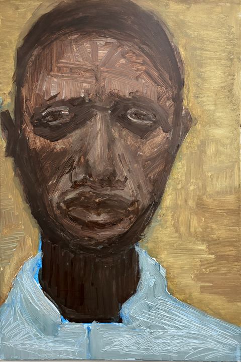 THEY BURNED HIS ROOF - A close brown face with darkened eye sockets and a pale blue shirt fills the frame against a yellow-gold ground.