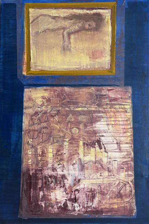 Goodbye Caveman - Two stacked rectangular panels sit on a deep blue ground: a pale upper face-like square and a pink lower…