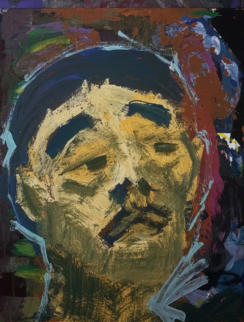 Faces (Aloof) - A large yellow-brown mask-like face fills the right side, surrounded by dark, multicolored gestural paint and a blue…