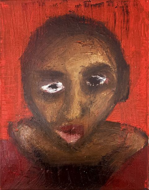 Faces (Black Boy) - A close cropped dark-brown face sits against a red ground, with bright white eyes and a small red mouth.