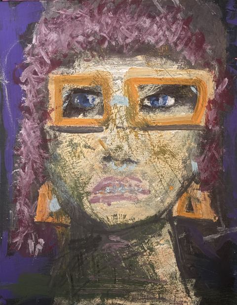 Faces (Glasses) - A pale face with square yellow glasses and purple hair fills a vertical frame against purple and dark tones.