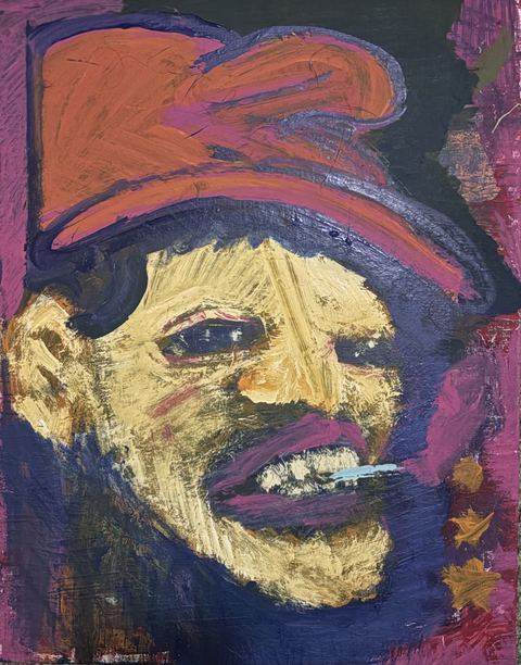 Faces (Jojo) - A yellow and purple face wearing an orange-purple cap or hat is cropped close, with teeth or a white mouth shape at…
