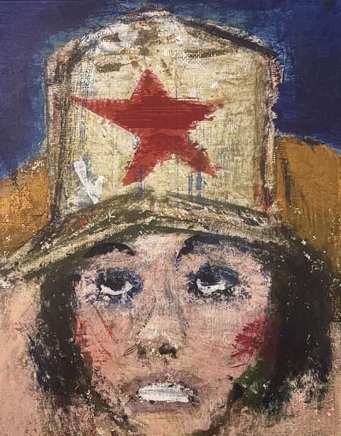 Faces (Peco) - A pale face with dark hair or cap is cropped at the forehead, marked by red strokes and black eyes against a muted…