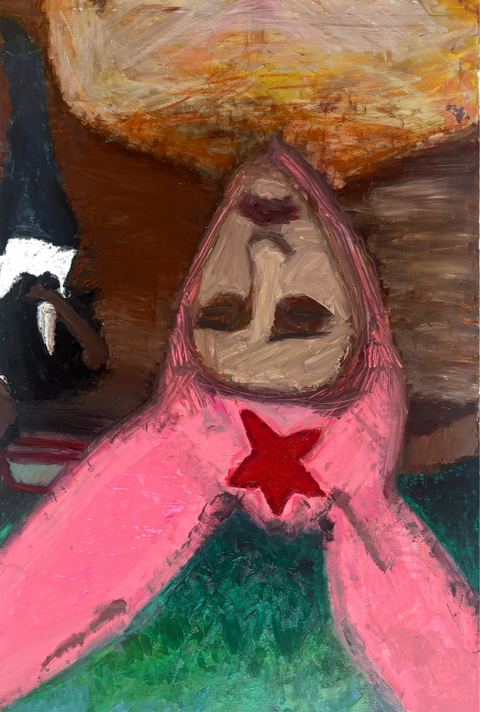QUIT SKATEBOARDING - A figure in a pink cape or hoodie faces forward with an orange head area above, black side shapes, and a small dark…