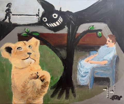 Zacchaeus - A tan cub-like animal, a black grinning cat-like figure, a seated blue figure, and small figures share a staged…