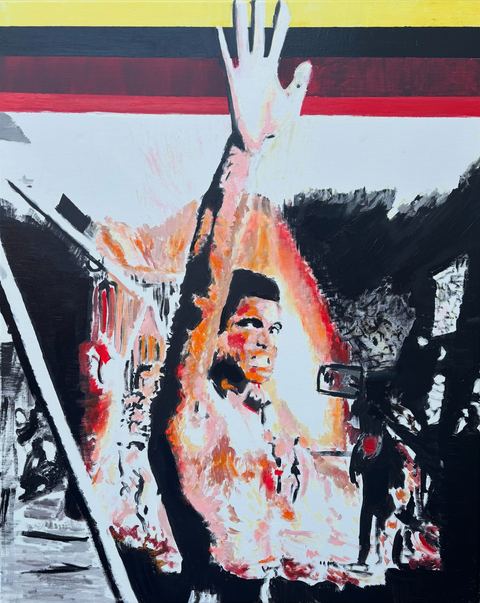 Take The Gloves Off - A raised white hand and a bright, shouting figure appear against black, red, yellow, and pale blue bands.