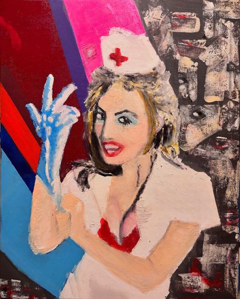 Sex - A blonde figure in a red-marked pale outfit gestures with a blue hand beside a dense black-and-white patterned field…