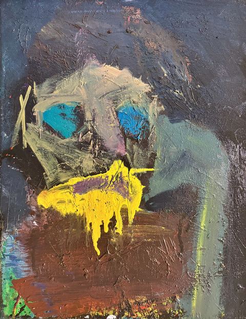 Faces (Thinker) - A skull-like head with bright blue eye openings and dripping yellow paint sits against gray-brown textured paint.