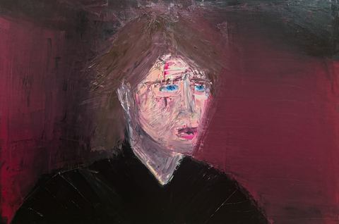 Sensitive Young Fascist - A pale, worried face with blue eyes and messy hair is set against a deep burgundy background and black shirt.
