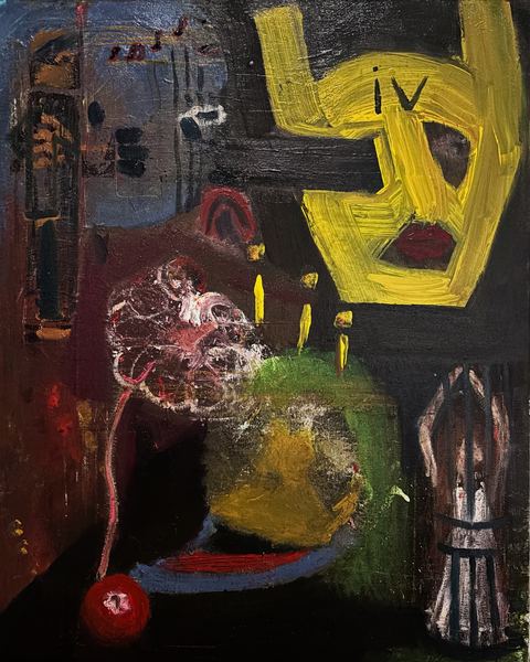 Sock and Buskin - A dark stage-like scene shows a seated or reclining figure, a white hand shape, a red ball, a striped form, and a…