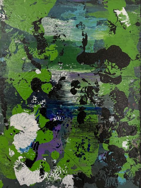 Dissolution - A mostly green-black abstract field contains scraped blue, white, purple, and black patches with irregular…