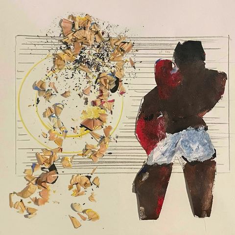 Jacob and Esau - A cutout-like brown figure stands on the right before ruled lines, with scattered tan fragments and a yellow circle…