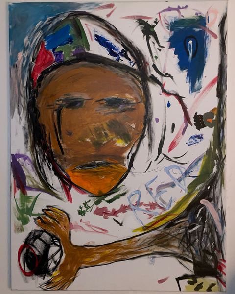 Alfonzo’s Portrait - A large brown-faced figure with a white hood or surrounding shape holds a microphone-like object against a white…
