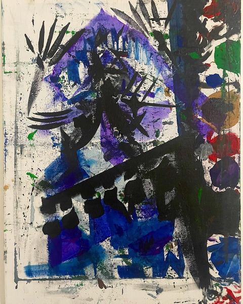 Blue Skull (Black Skeleton) - An abstract blue-black-purple field contains a large dark silhouette with angular protrusions and white, green, and…