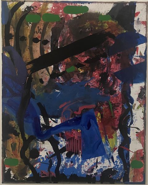 Blue Skull (Blue Skull) - A dense abstraction contains blue, black, red, and green marks, with a broad black bar crossing a skull-like…