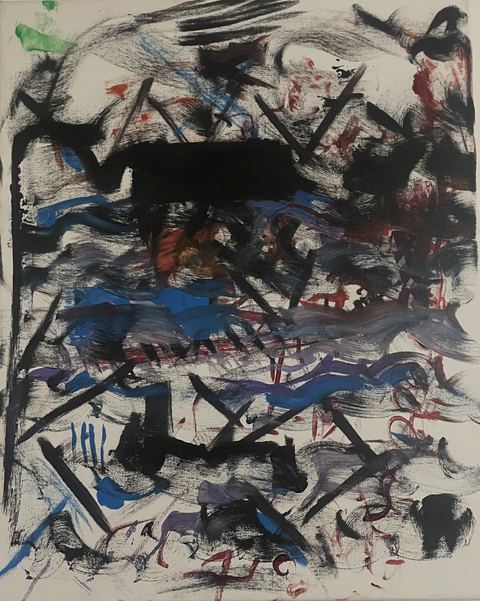 Blue Skull (Black and Blue) - Black, blue, gray, and red strokes slash across a pale ground, with repeated X-like marks and layered horizontal…