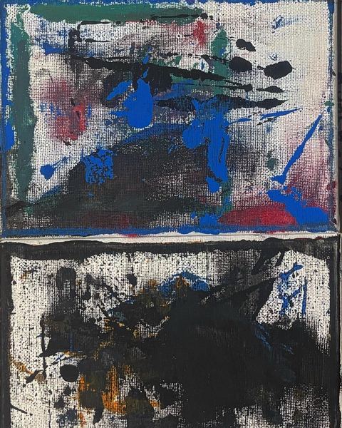Blue Skull (Blue Sky) - A black-and-blue abstract grid sits over a white canvas texture, with blue smears in the upper right and dark heavy…