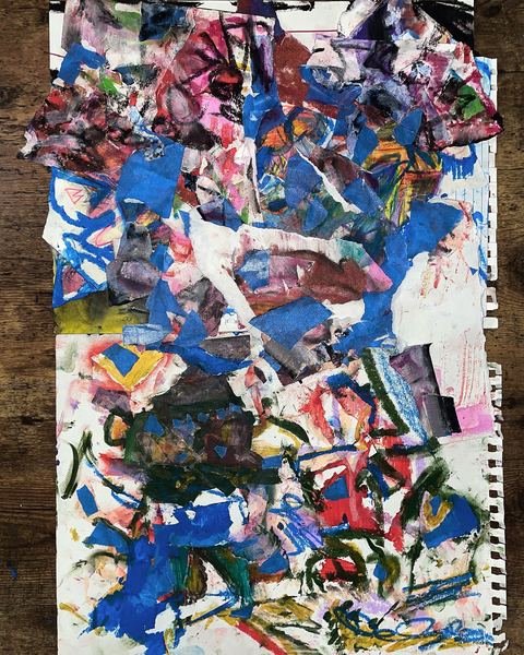 Mixed Media Mess - A top-down mixed-media sheet is covered with blue tape-like strips, red and black paint, paper fragments, and…