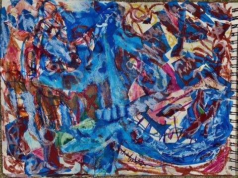 Mixed Media Monster - A horizontal mixed-media sheet is dominated by blue and red looping marks and dense layered scribbles across white…
