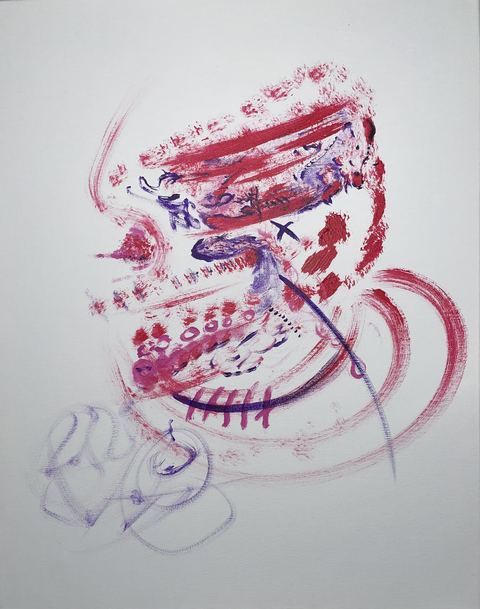 Dulcinea I - A sparse white sheet contains a red-purple abstract head or mouth-like shape, with faint purple lines below.