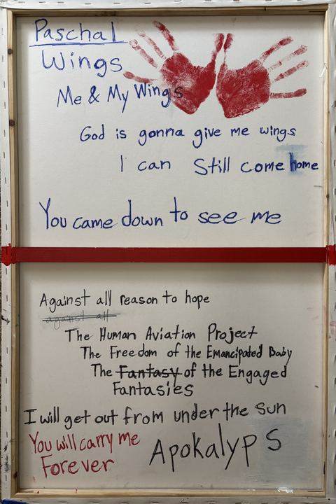 Baptism of Icarus Verso - A verso/back view shows handwritten lines on a white surface with red handprints and red tape-like bars.