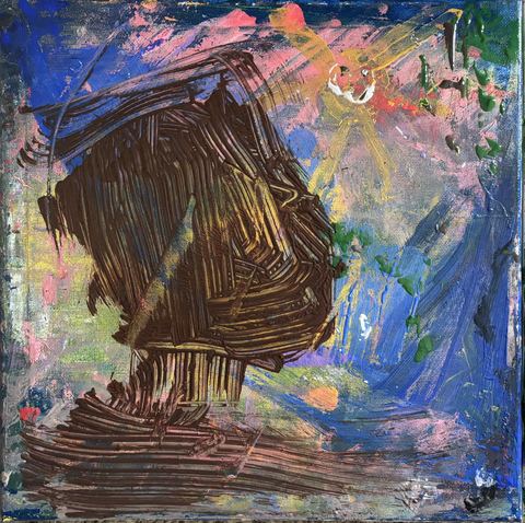 Bastard Sun - A dark brown-black vertical form or hut-like mass sits in a blue-pink-green abstract field with thick ribbed strokes.