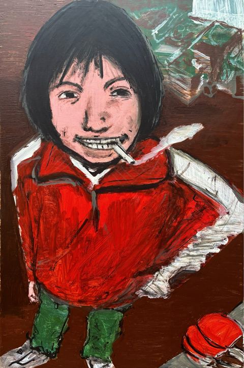 Buckshot - A black-haired child-like figure in a red jacket holds or bites a white object, standing on a brown floor with a red…