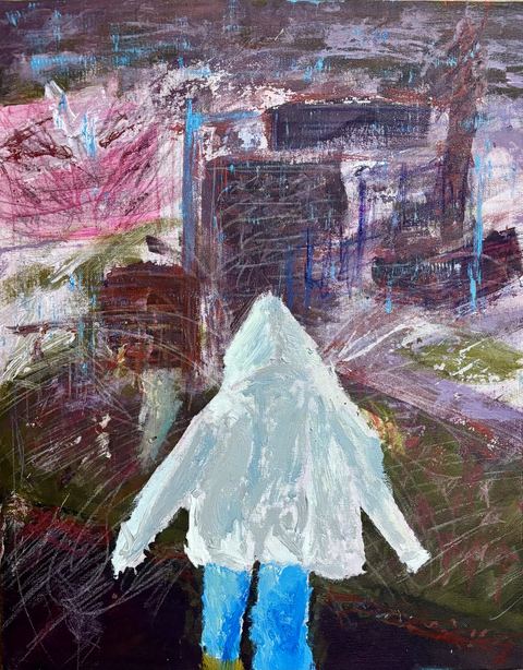 Mansa Mariposa - A white-skirted or winged figure stands from behind before a dark, swirling abstract environment with pale blue legs.
