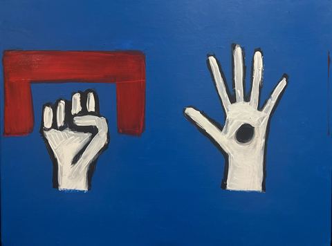 Passover Handout - A blue field contains two white glove-like hand symbols, one fist and one open hand with a dark circular center…