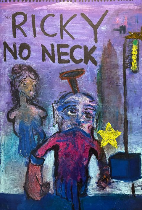 Ricky No Neck - A purple scene with large text RICKY NO NECK shows a central figure, a smaller standing figure, a yellow star, and a…