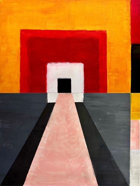 Under the Sun / Love Takes Off Composite - A composite image combines the orange-red doorway image and the pink runway/corridor image side by side.
