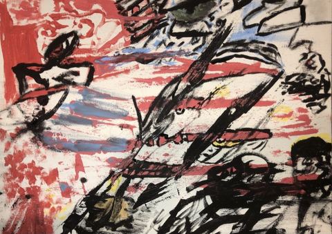 Debate Club - A mostly abstract red, black, blue, and white field contains gestural strokes that loosely suggest a figure or…