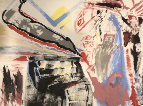 Repeat Dream - A pale abstract field contains a yellow-blue check-like mark, red and black gestural forms, and a column-like dark…
