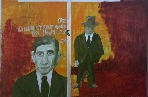 William Stanley Moore - A warm orange-red memorial-like painting shows a standing man in a hat at right and a pale portrait head at lower…