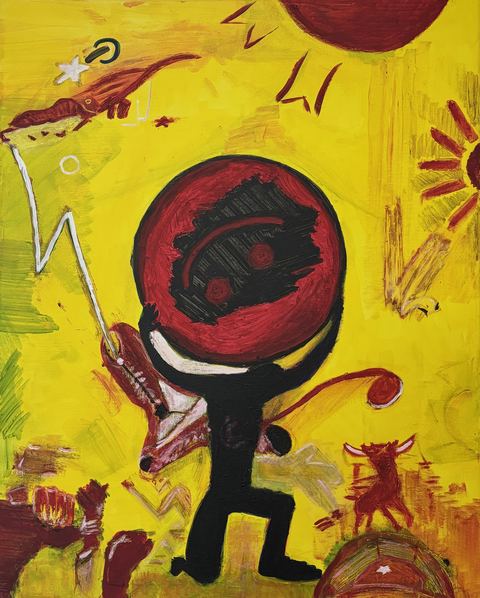 Break Point - A yellow field contains a large central black-and-red circular paddle or head form on a black body, with a…