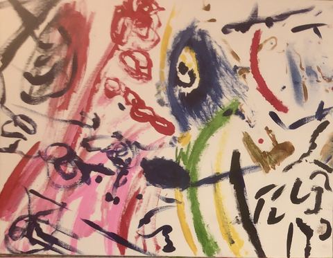Don Quixote - A blue eye holds the center while calligraphic marks fall around it like spilled tears.
