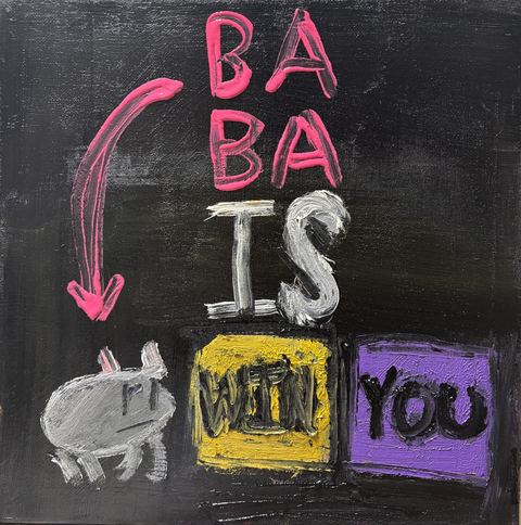 Baba Is Win - Chalk rules on a blackboard field: BABA IS — an arrow, a pig, WIN, YOU.