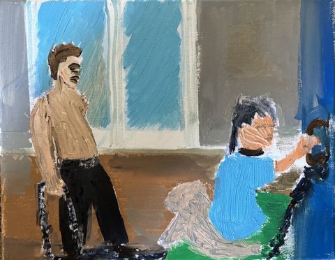 Broken by Superbed (Daniel and Angelina) - A man stands over a seated figure; dark chains coil through a domestic room.