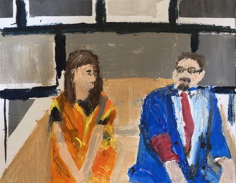 Broken by Superbed (Sam and Ellie) - Two seated before the panel — orange dress, blue suit, red tie.