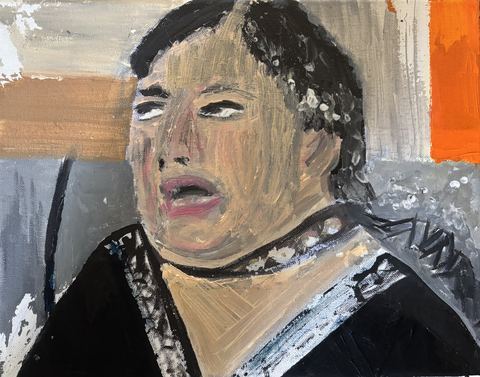 Broken by Superbed (Rachel) - Mid-speech portrait — mouth open, necklace, the orange band burning at the corner.
