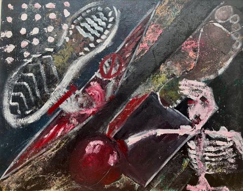 STEPPED ON - Bootprint, blade, a red heart-apple, a pink skeleton arm — the still life of getting crushed.