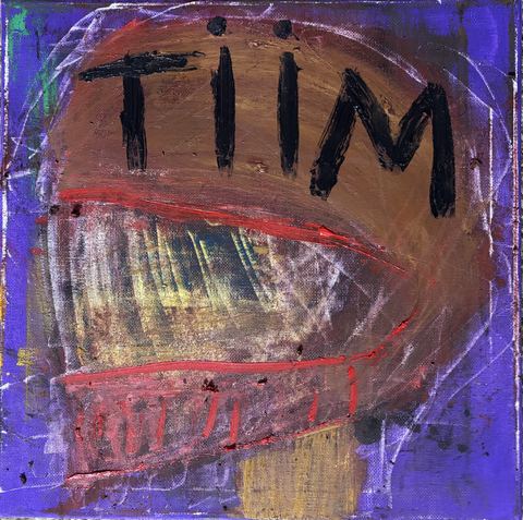 TIIM Player - Brown helmet-head with a red grin band on purple; TIIM in black overhead.