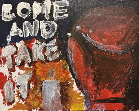 Come and Take It - A red glove fills the right; COME AND TAKE IT in white; a candle burns at the bottom edge.