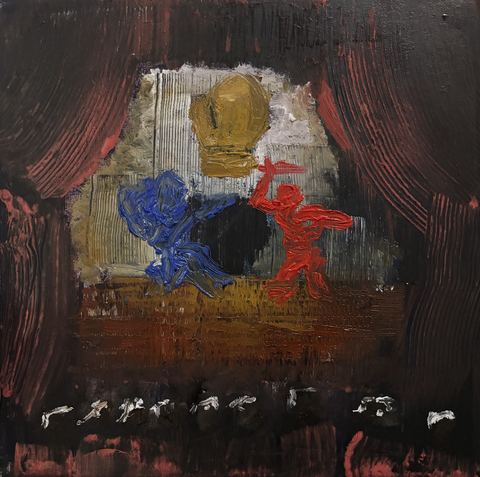 Brutus - Red curtains frame a small stage: a gold glove above, a blue figure and a red figure mid-clash, marks like an…