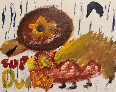 Super Ducky - A brown duck with a yellow star eye under blue rain dashes — SUPER Ducky.