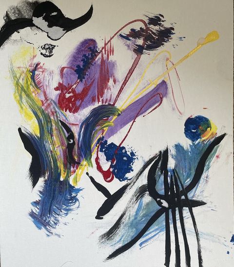 Spit and Co. (Knight) - Blue and purple swirls with hooked black marks; a bull-head shape surfaces top left.