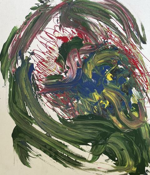 Spit and Co. (Oscar) - A green spiral storm around a blue-yellow center, red scribbles overhead.