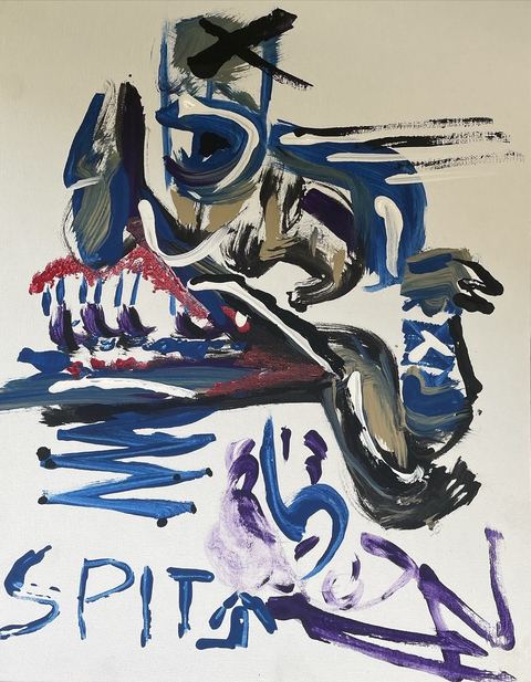 Spit and Co. (Spit) - A hunched blue-black figure, X overhead, SPIT written in blue along the floor.